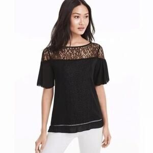 White House Black Market Women’s Black Blouse Lace Short Sleeve Sheer Sz M